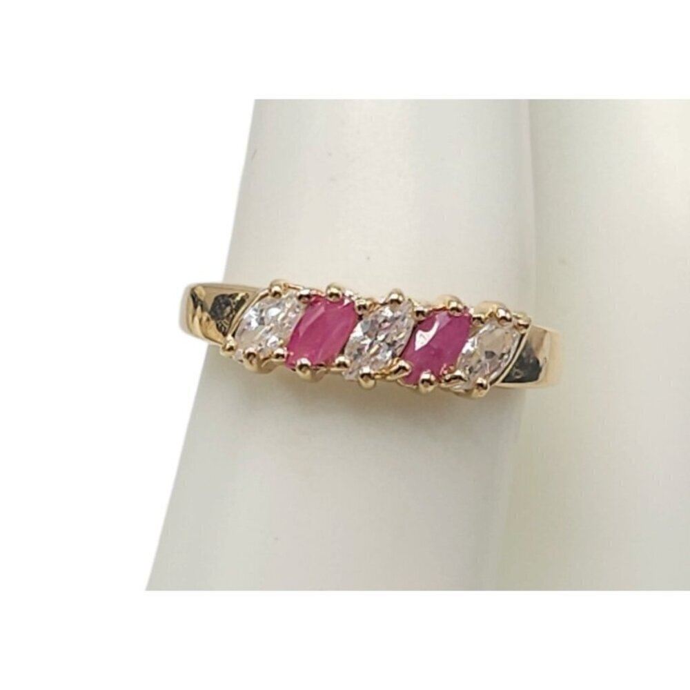 Gold Plated Marquise Shape Pink Topaz Clear Rhinestone Ring Size 9.75 Vintage